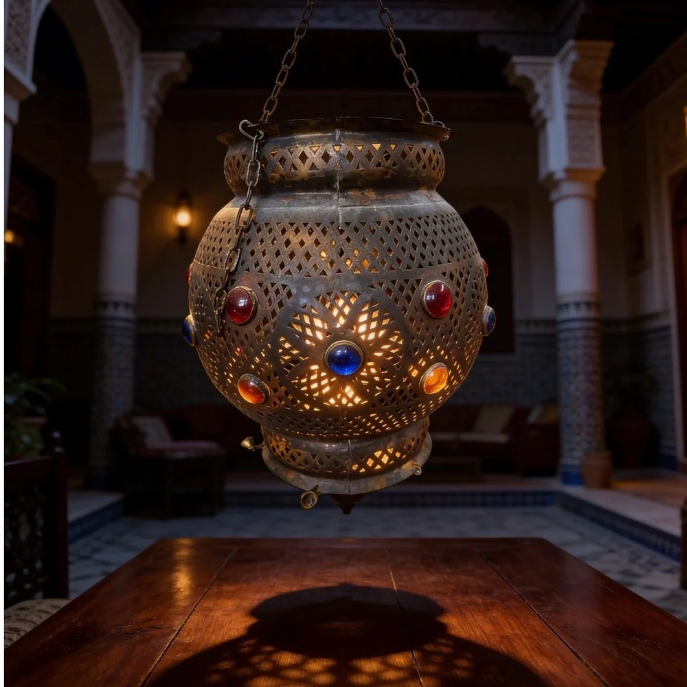 Vintage moroccan Metal Lantern with Red, Blue, and Orange Accents